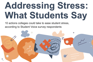Headline of infographic says, "Addressing Stress: What Students Say." Plus speech bubble graphics in blue and orange.